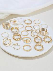 22 Pieces Fashion Butterfly Rhinestone Inlaid Ring Mixed Pearl Ring Women Geometric Chain Joint Ring Set, Flowers, Leaves, Faux Pearls, Suitable For Women, Daily, Beach, Summer, Wear, Valentine's Day, Mother's Day, Easter, Gift, Gold Ring Women's Jewelry Set - Gold - View 2