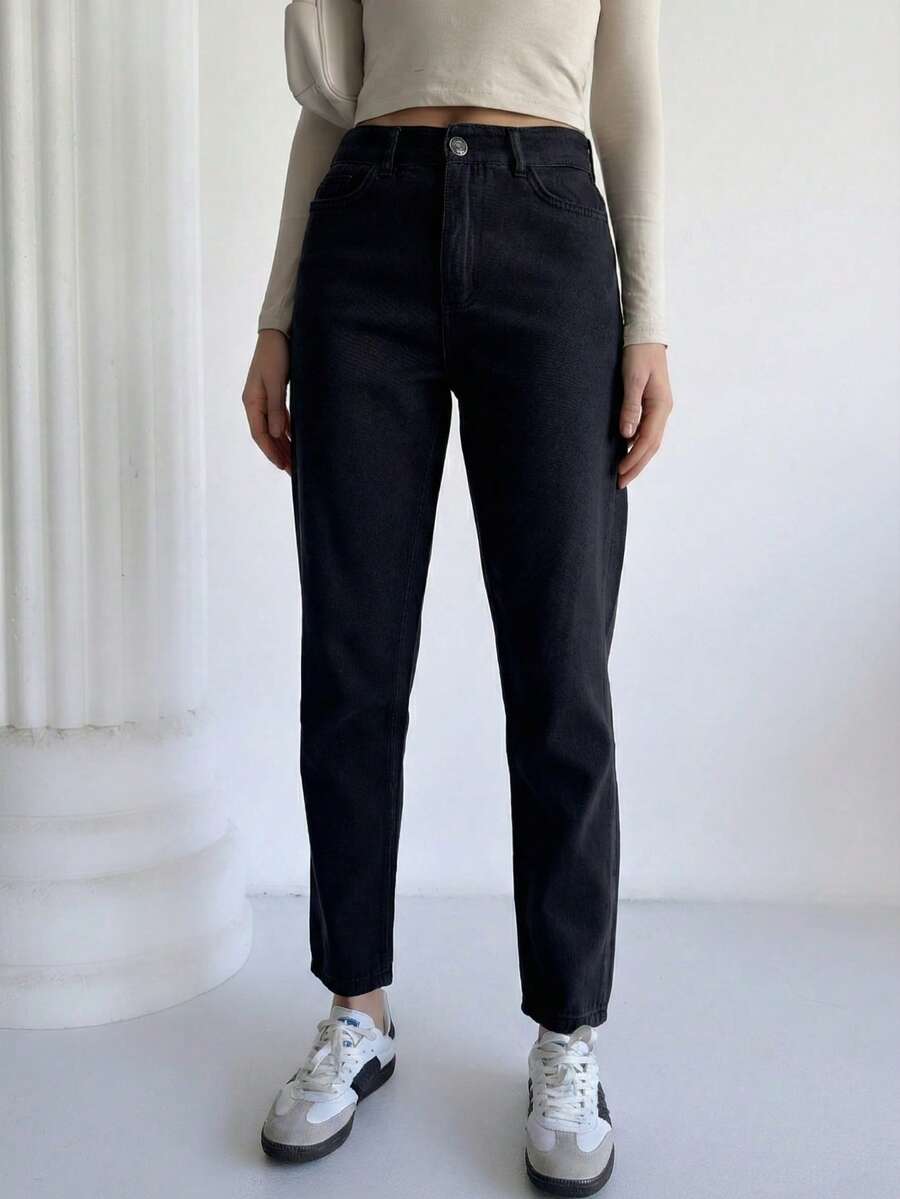 Women High Waist Elastic Slim Leg Linen Pants, Solid Color Casual With Zipper, Button, Pockets - Black - View 1