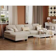 Furmax - Juego de sofás seccionales para Sala de Estar sofá en Forma de U con Tela de Lino Juego de sofá de 4 Asientos con Doble Tumbona para Departamento Pana Beige - Beis - Ver 7