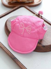 1pc Pet Hat, Small Dog Puppy Teddy Pomeranian Accessories, Spring/Summer Sun Protection Hat With Bow Tie - Rose Red - Hot Pink - View 2