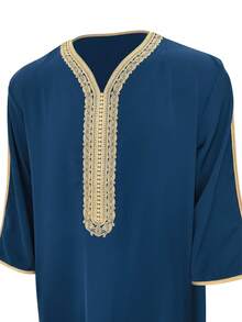 Men's Embroidered Robe Thobe, Men's Solid Color Pullover Gandoura Thawb, Traditional Arabic Men Gandoura Thobe Robe With Pockets - Blue - View 5