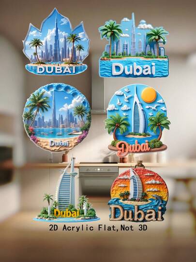 1 nam châm tủ lạnh Acrylic 2D chủ đề Dubai, in hình các địa danh nổi tiếng của Dubai như Khách sạn Burj Al Arab, Cây cọ, Cá heo, tái hiện hoàn hảo bầu không khí ven biển sang trọng của Dubai. Có 3 kiểu dáng, phù hợp cho những người đam mê Dubai, làm quà lưu niệm du lịch thành phố, trang trí nhà bếp/tủ, quà tặng ngày lễ và tân gia