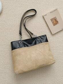 乡村风新款多功能女士单肩包，休闲大容量手提包，编织草编包，适合度假和海滩，轻松休闲风格 - 黑色 - 查看 5