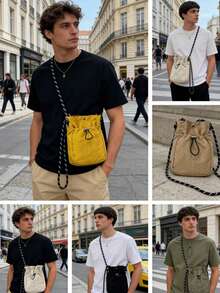 男士抽绳水桶斜挎包，尼龙迷你单肩包，编织肩带，休闲简约日常单肩包 - 彩色 - 查看 1