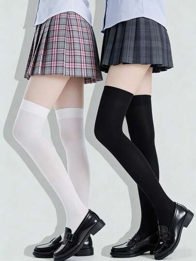 1/2 Pairs Black & White Combination High Elasticity Thigh High Socks, Suitable For Women