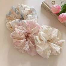 1pc Sweet & Elegant Tie-Dye Floral Embroidered Large Scrunchie, Available In Pink, Blue, Green, Suitable For Ponytail, Bun Hairstyles, Vacation & Daily Wear, Bohemian Chic Accessory Hair Elastics Hair Rubber Bands Hair Rope - Multicolor - View 7