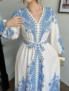 abyoxi 女士蓝色长袖V领单排扣A字摆长连衣裙，复古优雅，适合节日、正式晚宴，春夏长款连衣裙 - 藍色 - 查看 4