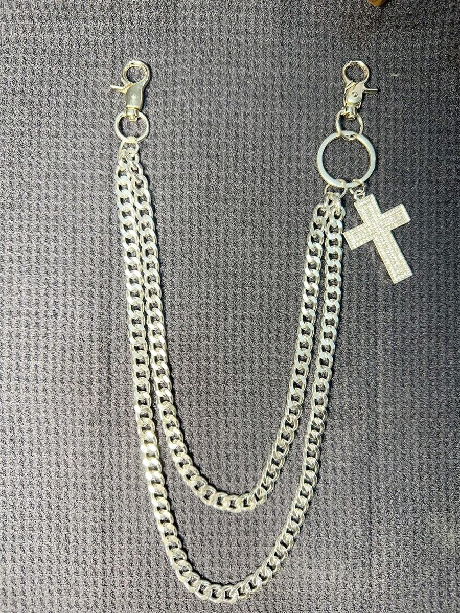 交叉裤链，带龙虾扣吊坠的腰链，钱包链，复古链，双层链，嘻哈朋克风，牛仔裤链，口袋链，男士钥匙链，多元素裤链 - 古銀色 - 查看 1