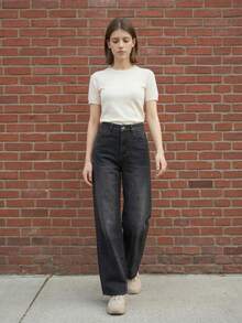 Jeans de pierna ancha y corte holgado de estilo estadounidense negro para mujer, modelo de primavera/otoño 2025, pantalones culotte rectos y de moda - Negro - Ver 6