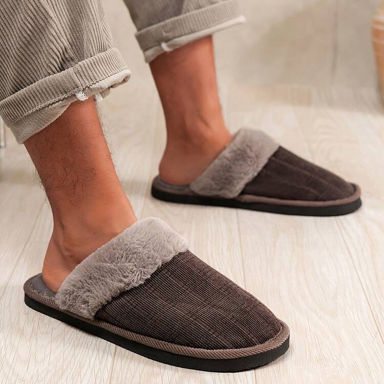 Men's Retro Plaid Faux Fur Collar Cotton Slippers, Quiet Non-Slip Indoor House Mules For Autumn/Winter - Men's Slippers - View 4
