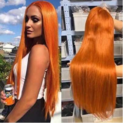 Eulisi Ginger Orange Upgraded Wig, 5x5 Straight Lace Front Wig, Human Hair, 350# Colored Lace Front Wig, 150 Density Transparent Lace, Suitable For Beginners, Halloween Costume, Also Available In Natural Black 1B#, P4/27 Ombre, 1B/30# Burgundy 99J#, Ginger Orange 350#