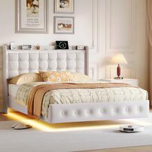 Caluself 140/160 X 200 Cm Floating Bed, Double Bed, Hydraulic Bed, Upholstered Bed, Youth Bed Frame, Padded Bed, Bedroom Bed Frame, White/Grey Velour Fabric - 米色 - 查看 10