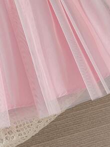 Summer Young Girls Letter Print Bow Short Sleeve T-Shirt And Mesh Princess Style Sweet Skirt Set - Pink - View 8