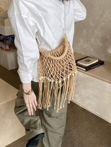 Túi tote dệt kiểu dáng nghỉ mát mùa hè, hàng mới về, túi đeo vai chéo bằng rơm với tua rua rỗng đính ngọc trai của Niche. - Màu Khaki - Xem 5