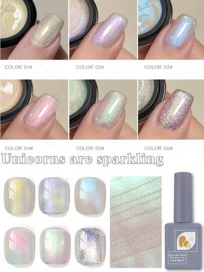Mec 12ml 春夏独角兽闪亮全息亮片凝胶指甲油，6色珠光磁性凝胶，梦幻金粉蓝绿色调，光泽亮丽，可卸除，UV/LED灯固化，持久耐用，适合海滩、节日、约会美甲，以及仙女风和Y2K风格美甲。
