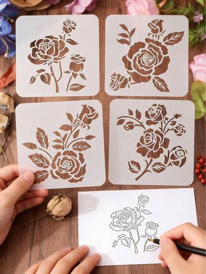 一套（6个）浪漫玫瑰图案镂空绘图模板 - 可重复使用的美观模板，适合学生使用，也适用于手写报纸、剪贴簿和日记艺术工艺装饰