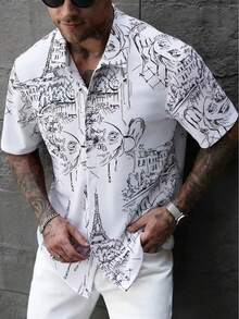 Men's Casual Short Sleeve Graffiti Printed Shirt, Summer - Black and White - View 1