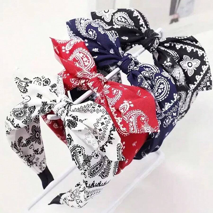 夏季新款简约复古时尚佩斯利花纹蝴蝶结兔耳宽檐亮色布艺发带/头箍 女士 - 彩色 - 查看 1