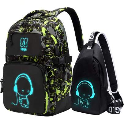 Asge Luminous Backpack For Men And Women, Middle School Students, Leisure Backpack, School Bag Set With Large Capacity