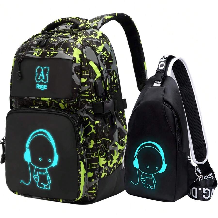 Asge Luminous Backpack For Men And Women, Middle School Students, Leisure Backpack, School Bag Set With Large Capacity - Green - View 1