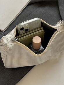 Mini Solid Color Underarm Shoulder Bag, Corduroy Small Bag, Minimalist Casual Versatile Handbag, Large Capacity Zipper Baguette Bag, Suitable For Shopping, Coin Purse, Date, Travel, Phone Pouch - White - View 5