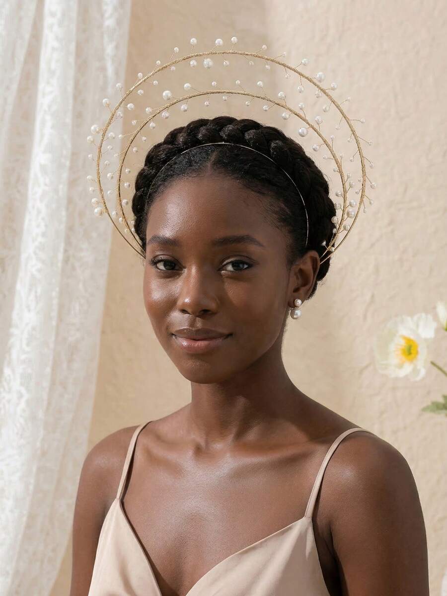 1 Stück eleganter Haarreif mit doppelter Perlenreihe, goldener Draht umwickelter Zweig Braut Haarreif für Hochzeit, Abschlussball, Party, Sommer, Strand - Gold - Übersicht 1
