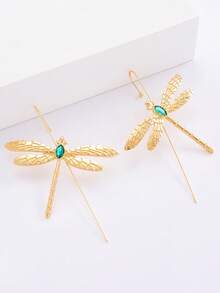 1 Coppia di orecchini a forma di libellula in rame con texture di design originale punk, orecchino a polsino in stile retrò di lusso a forma di insetto per donna, accessori gioielleria - Oro e verde - Visualizzare 6