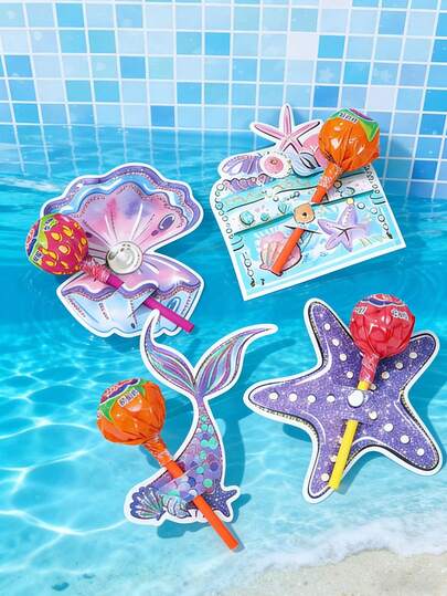 48个美人鱼棒棒糖装饰，美人鱼和海星设计派对礼品标签，生日礼物装饰卡，礼品包装贴纸，派对装饰，婴儿派对装饰，生日礼物，生日房间装饰，生日贺卡，新娘送礼会礼品