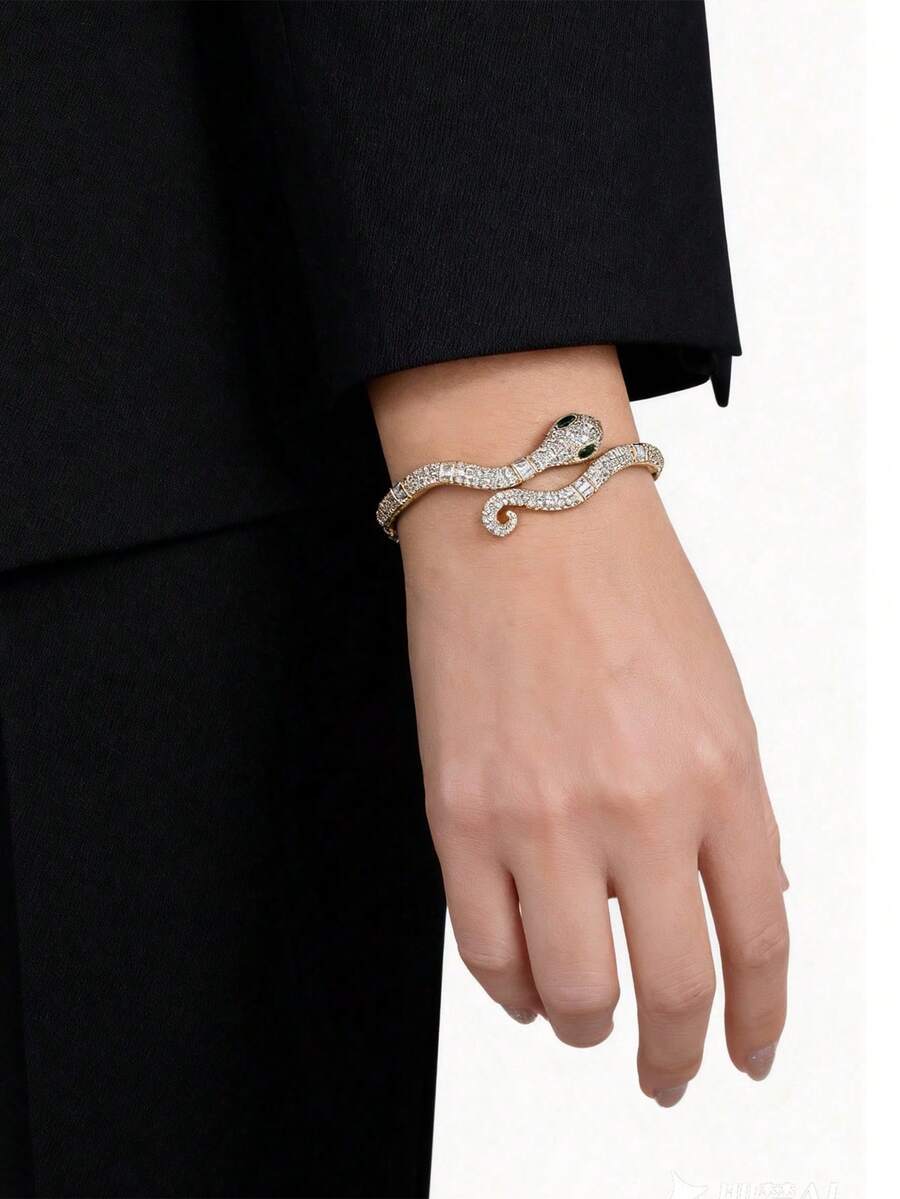 1 pieza Brazalete de lujo con serpiente de circonita cúbica de moda, para uso diario de mujeres - Serpiente - Ver 1
