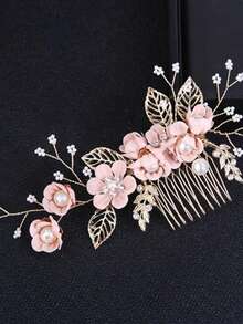 1pc Light Pink Flower & Faux Pearl Handmade Hair Comb Accessory For Women,Summer,Beach,Wedding - Pink - View 2