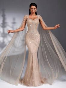 IBTRLY New Elegant Luxurious Rhinestone Bubble Pearl Sequin Mermaid Evening Gown With Bubble Pearl Rhinestone Embellished Sleeves, Suitable For Red Carpet Events, Luxury Weddings, Galas, Art Gallery Openings, Parties, Wedding Guest Attire, Formal Occasions Party Spring - Apricot - View 3
