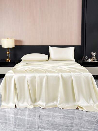 4pcs Solid Beige Satin-Like Polyester Bedding Set, Includes 1 Fitted Sheet, 1 Flat Sheet And 2 Pillowcases (Pillow Insert Not Included). Available In Sizes: Super King, King, Queen, Twin. Fitted Sheet Depth Up To 11.8 Inches. Soft And Breathable Satin Pillowcases, Wrinkle-Resistant, Upgrade Sleep Quality, Luxurious Hotel Style. Ideal Gift For Parents, Friends, Dorm Bedding Or Back To School.