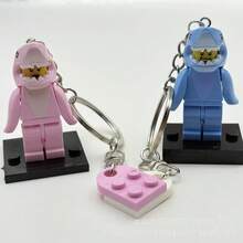 2pcs/Set Cartoon Pink Blue Shark Keychain Heart-Shaped Building Block Splicing Couple Key Ring  Doll Bag Pendant - A13 - View 2