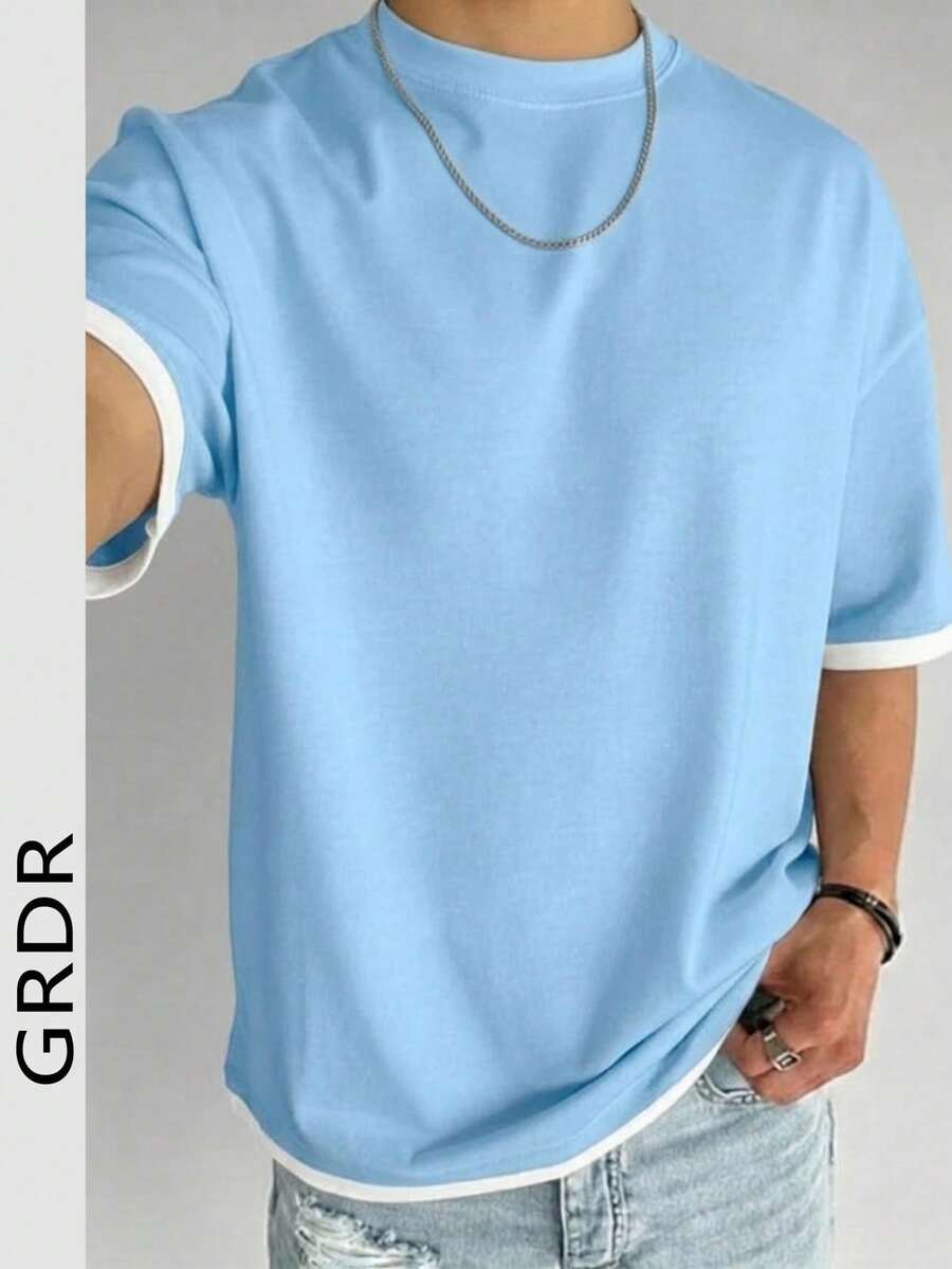 GRDR 男士经典二合一圆领短袖T恤，时尚简约通勤百搭 - 淺藍色 - 查看 1