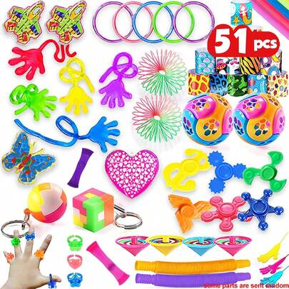 51 piezas Relleno de bolsa de regalo para fiesta, set, relleno de calcetín navideño, a granel para el aula, regalos de premio de caja del tesoro de carnaval, rellenos de bolsa de piñata, suministros para fiesta de cumpleaños de adultos