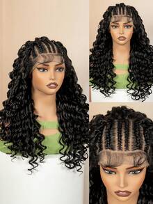 24英寸波浪卷蕾丝前假发，女士款 - 自然卷曲合成发际线，预先拔毛的13x6蕾丝，耐热纤维，适合日常佩戴 | 波浪卷 | 蕾丝前假发，合成蕾丝前假发 - 黑色 - 查看 4