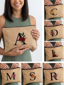 1pc A-Z Letter & Floral Print Cosmetic Bag, Lightweight Travel Toiletry Organizer - Multicolor - View 1