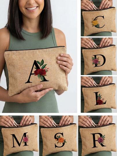 1pc A-Z Letter & Floral Print Cosmetic Bag, Lightweight Travel Toiletry Organizer