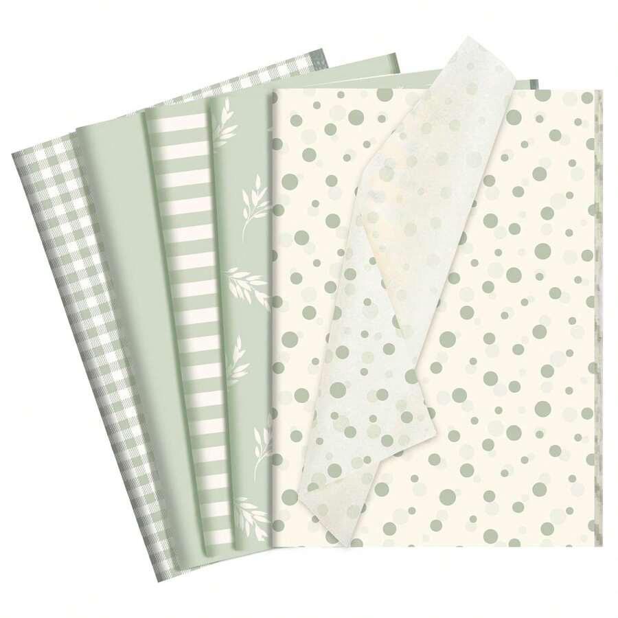 5/10 túi quà màu xanh lá cây kèm giấy gói quà, 50*35cm. Giấy gói quà màu xanh nhạt bán sỉ với họa tiết sọc và chấm bi cây cỏ, thích hợp cho đám cưới mùa xuân, tiệc mừng em bé, đồ thủ công DIY. - A - Xem 1