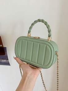 Solid Color PU Striped Embossed Vertical Stripe Fashionable Oval Twist Metal Handle City Tote Bag For Women - Mint Green - View 4