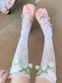 1双洛丽塔风格蕾丝边白色郁金香蝴蝶结中筒袜，可爱女童款 - 白色 - 查看 2