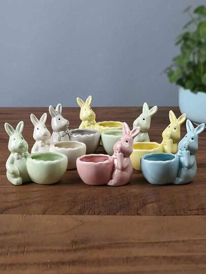 1个复活节兔子花盆 - 可爱的兔子花盆，适合花园和阳台装饰，手绘陶瓷花盆（春季礼物创意，母亲节室内/室外家居装饰，乔迁礼物）