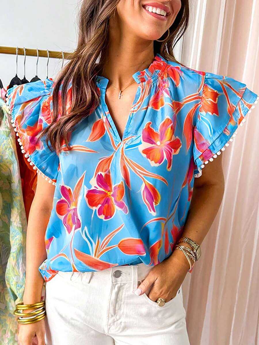 Sky Blue Floral Print V-Neck Pom Pom Trim Ruffle Sleeve Blouse - Blue - View 1