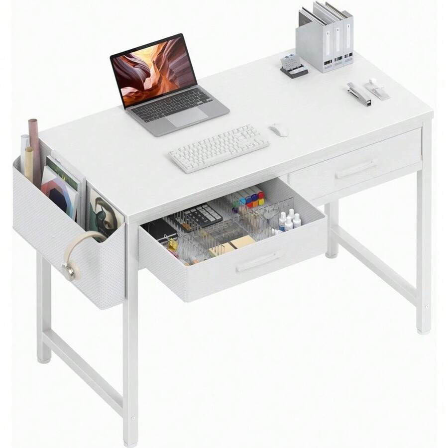 32 Inch Small White Desk With 2 Drawers, Study Writing Computer Desk With Storage Drawer For Bedroom Home Office, Vanity Table Without Mirror For Girls Small Spaces - 預設 - 查看 1