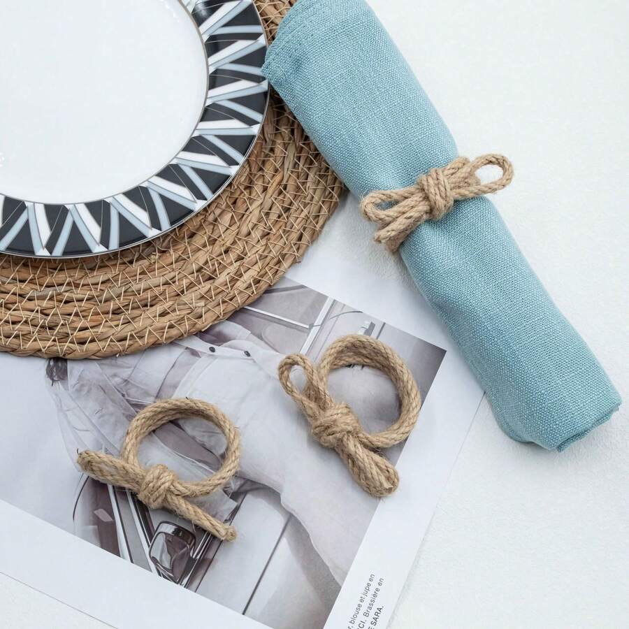 8/12pcs Handmade Linen Bowknot Napkin Rings, Suitable For Wedding, Party, Birthday, Dining Table, Christmas, Thanksgiving, Home & Outdoor Dining Decor, Bridal Shower, Rustic Style Valentine's Day - Multicolor - View 1