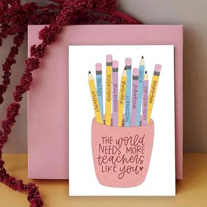 1pc Teacher Thank You Card With Pencil Design - Handwritten Message Space, Decorative Font Appriciation Card For Graduation, End Of Term Gifts, Teacher Recognition