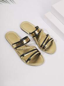 Women's Niche Metal Chain Striped Square Toe Flat Sandals, Retro Summer Beach Resort Style Gold Versatile Open Toe Slippers - Gold - View 9