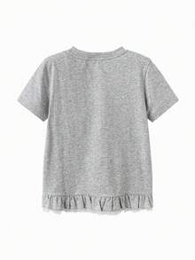 SANRIO Balabala 女童卡通印花荷叶边下摆休闲短袖上衣，夏季 - 灰色調 - 查看 2