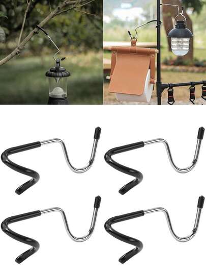 4个不锈钢露营挂钩 - 耐用多用途，适用于悬挂灯具、衣物和配件，非常适合户外探险和露营装备