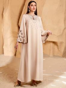 Women's Handmade 3D Floral Elegant Front Drape Pearl Decor Arabic Style Dress - Apricot - View 5